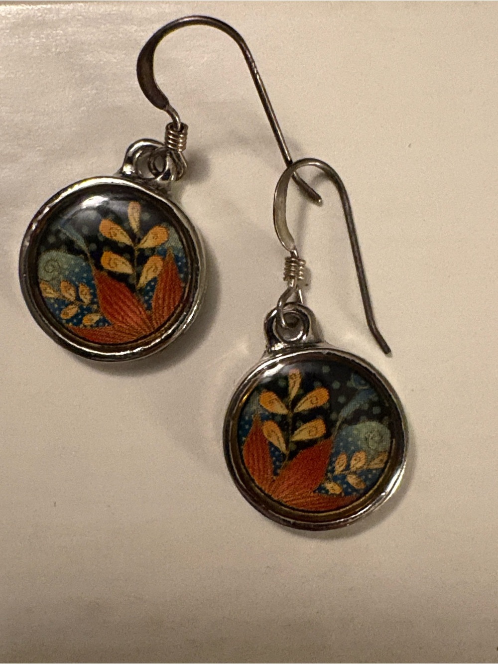 Handcrafted Orange & Blue Glass Cabochon Floral Drop Earrings